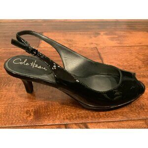Cole Haan Black Patent Leather Slingback Peep Toe Heels, Size 8.5 (US)